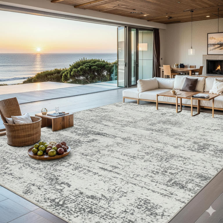 A sunlit, modern living room with a large patterned rug, white sofa, and an ocean view at sunset, illustrating professional home decorating.